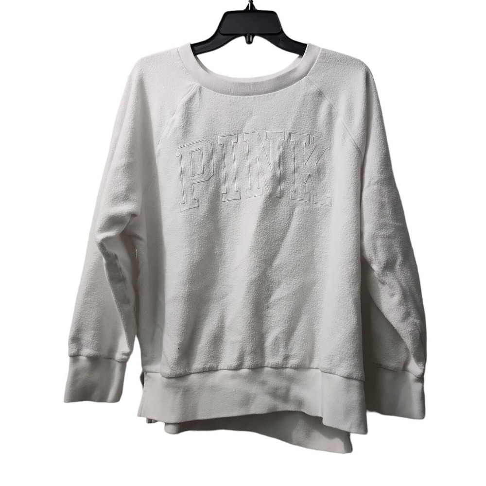 PINK Pullover Sweatshirt Tunic Top Embossed Logo White‎ Comfy Casual